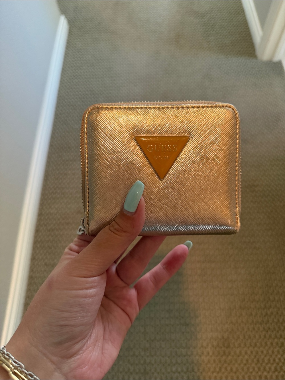 GUESS Metallic Rose Gold Zip-Around Compact Wallet